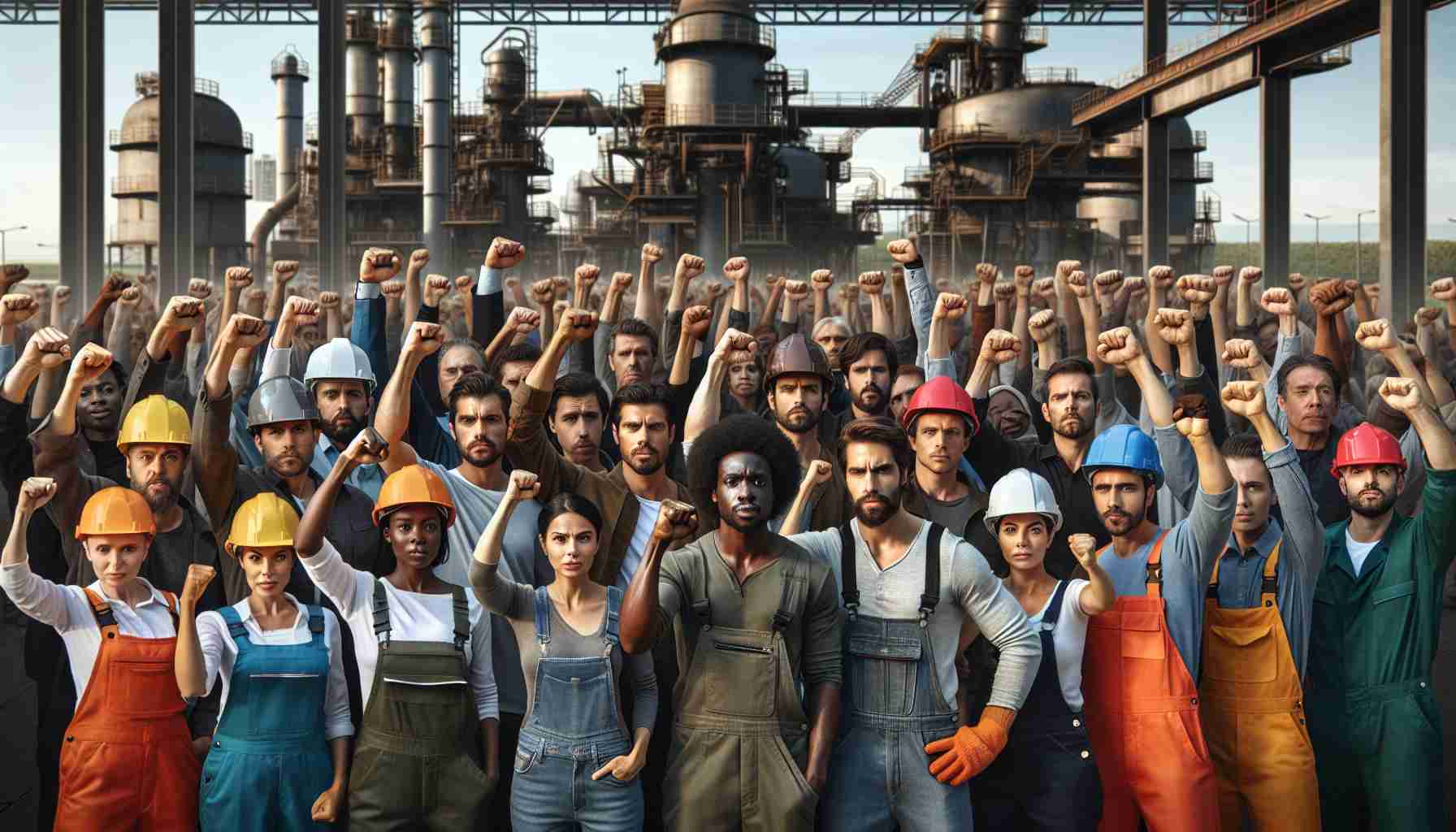 High-definition, realistic image portraying a group of industrial workers uniting for decisive action against corporate influence. The scene should include people of diverse descent including, but not limited to, African, Hispanic, Middle-Eastern, Caucasian, and South Asian origins. Both genders should be equally represented. Their attire should reflect the industrial job roles, such as hard hats, overalls, and safety gear. They should be standing in solidarity, perhaps raising their fists or tools, and with expressions of authentic determination on their faces. Background might portray an industrial backdrop with machinery and infrastructure.