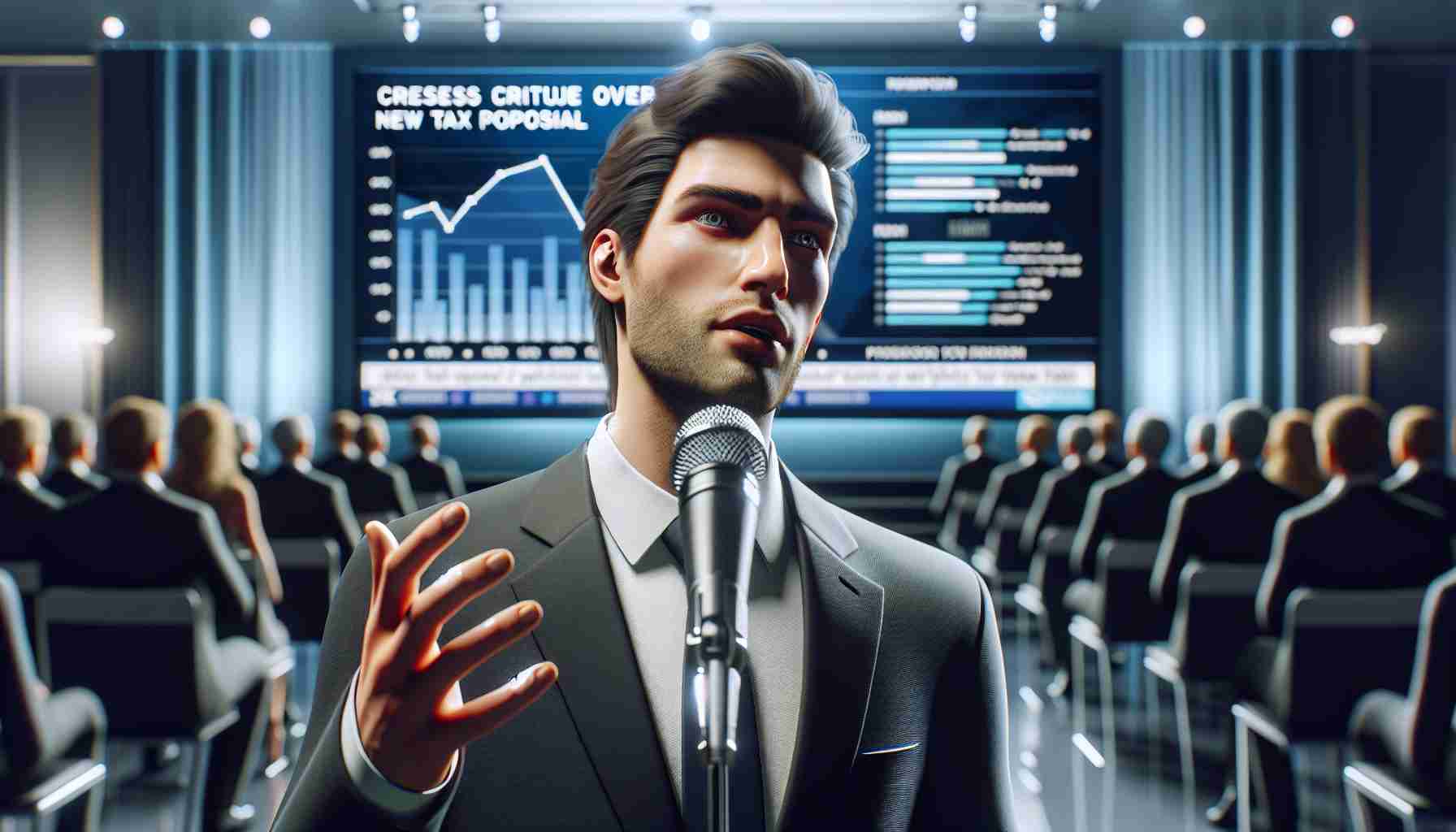 A high-definition, realistic image of a business executive expressing critique over a new tax proposal. The setting is a press conference with a large screen behind the executive displaying data graphs and information on the subject. The executive is a Caucasian male, wearing a formal suit, speaking into a microphone, his eyes showing determination and his hand gesture emphasizing his points.