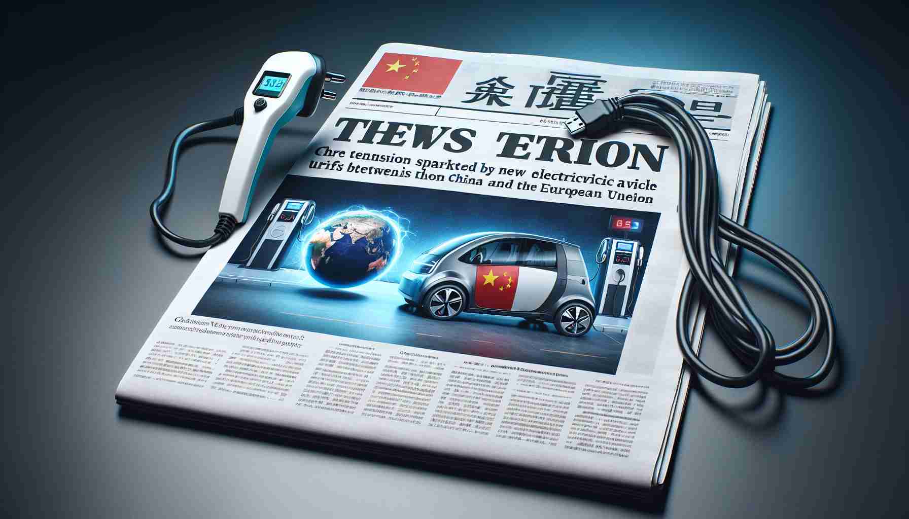 Create a photo-realistic, high-definition image of a newspaper headline conveying the tension sparked by new electric vehicle tariffs between China and the European Union. The newspaper also contains a picture of an electric vehicle plugged into a charging station, with a globe in the background showing China and Europe in different colors, symbolizing the conflict.