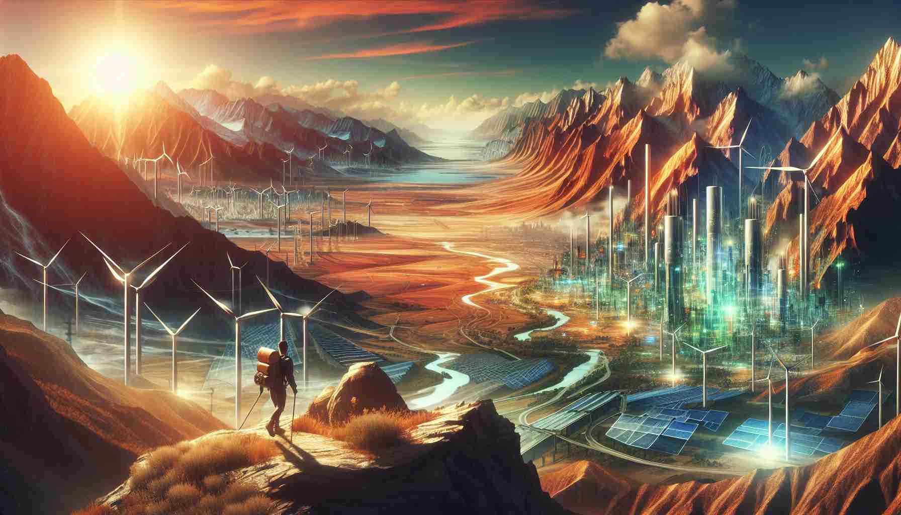 A visionary depiction of a pioneering energy company adventuring into new terrains in the year 2024. The scene should present the company venturing into groundbreaking territories with all the latest technology and equipment. Picture an ample landscape, featuring a variety of geographical terrains, from towering mountains to vast desert sands. The scene should also include innovative and forward-thinking energy sources, perhaps wind turbines among the mountains or solar panels spread across the desert, all indicative of a bright, sustainable future.