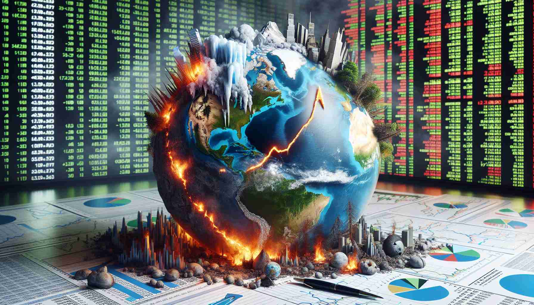 An ultra-high-definition realistic visual representation of the impact that climate change is having on financial markets. A globe, burdened with signs of environmental distress such as melting ice caps, forest fires, and severe storms, sits atop a table cluttered with stock market graphs which are going downhill. The contrast between the globe and the declining graphs symbolizes the negative correlation between the deteriorating environment and the financial markets.