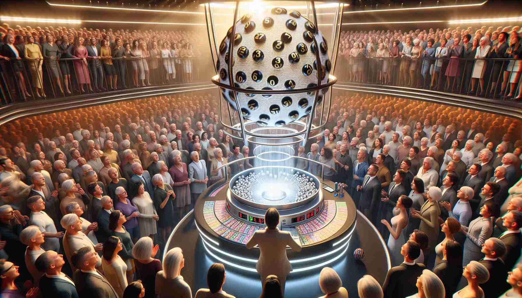 A realistic, high-definition image capturing the thrill and excitement of a national lottery draw. The scene includes an intense crowd, made up of people of diverse descents such as Caucasian, Hispanic, Black, Middle-Eastern, South Asian, each person eagerly awaiting the lottery results. There is a large, spinning lottery machine in the center of a brightly lit stage, filled with numbered balls, while a person of unspecified gender and descent, in formal attire, is about to announce the results. Emotion is palpable, as all eyes are trained on the machine and the announcer.