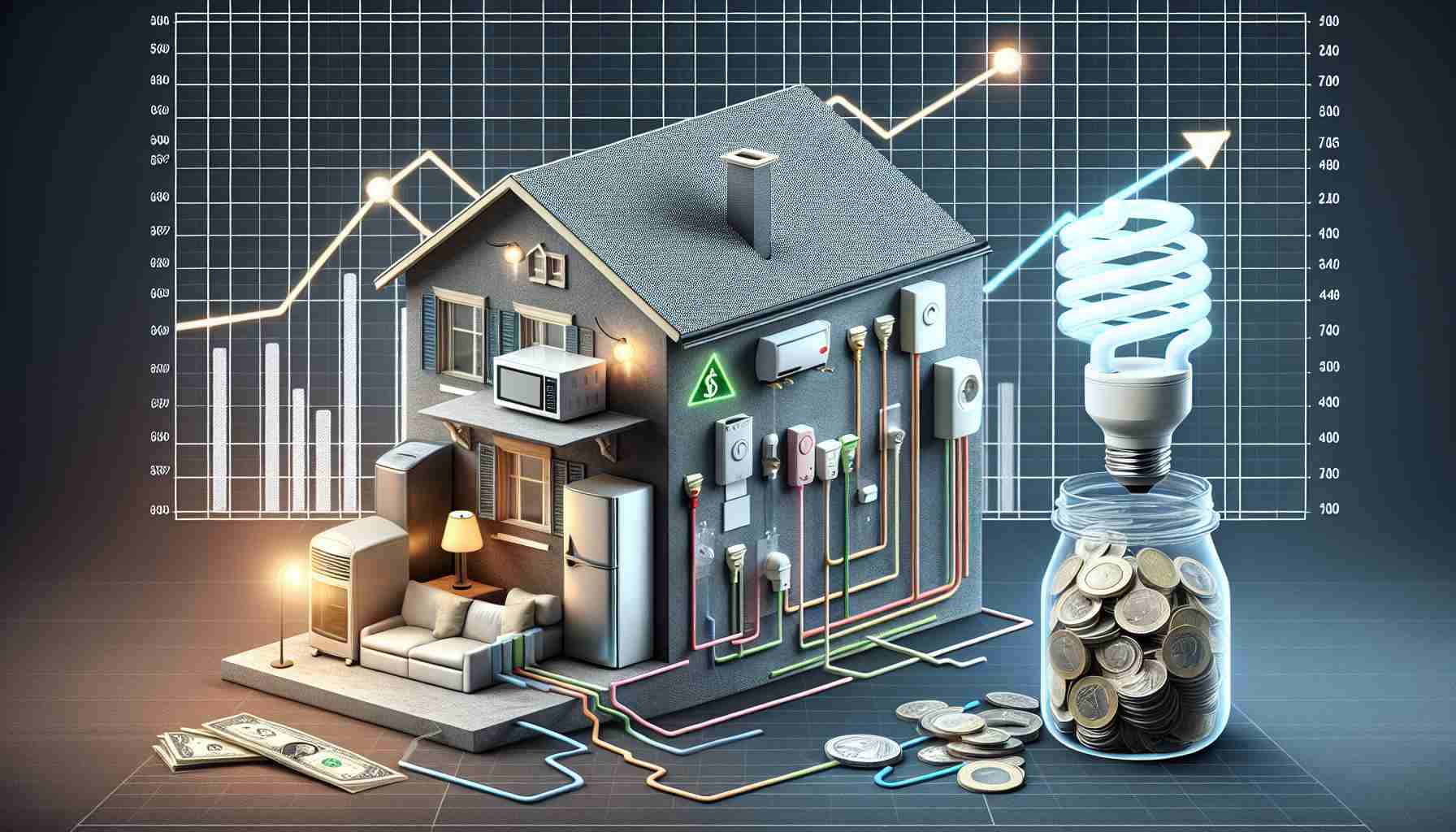 A highly detailed and realistic depiction of energy consumption patterns shown in graphic format. Display a house connected to different appliances like a refrigerator, air conditioner, heater, and lights, with lines of varying thickness representing their power consumption. Include a graph comparing their consumption levels, implying the potential for money saving. Next to it, place a coin jar with money coming out of it to depict the savings earned from understanding and optimizing these energy use patterns. Also, show an energy-efficient light bulb symbolizing a move towards energy-saving methods.